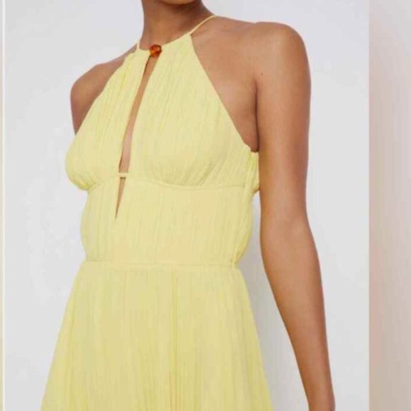 JOHNATHAN SIMKHAI CARLI PLISSE HALTER LIMONCELLO COLOR MIDI DRESS sz 8 - Picture 2 of 6